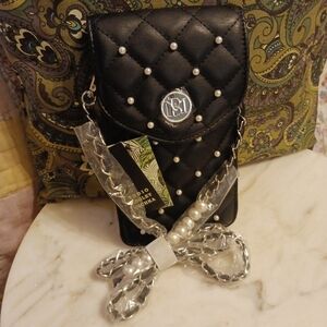 NWT Badgley Mischka Black Phone Bag, Quilted Faux Leather With Shoulder Strap